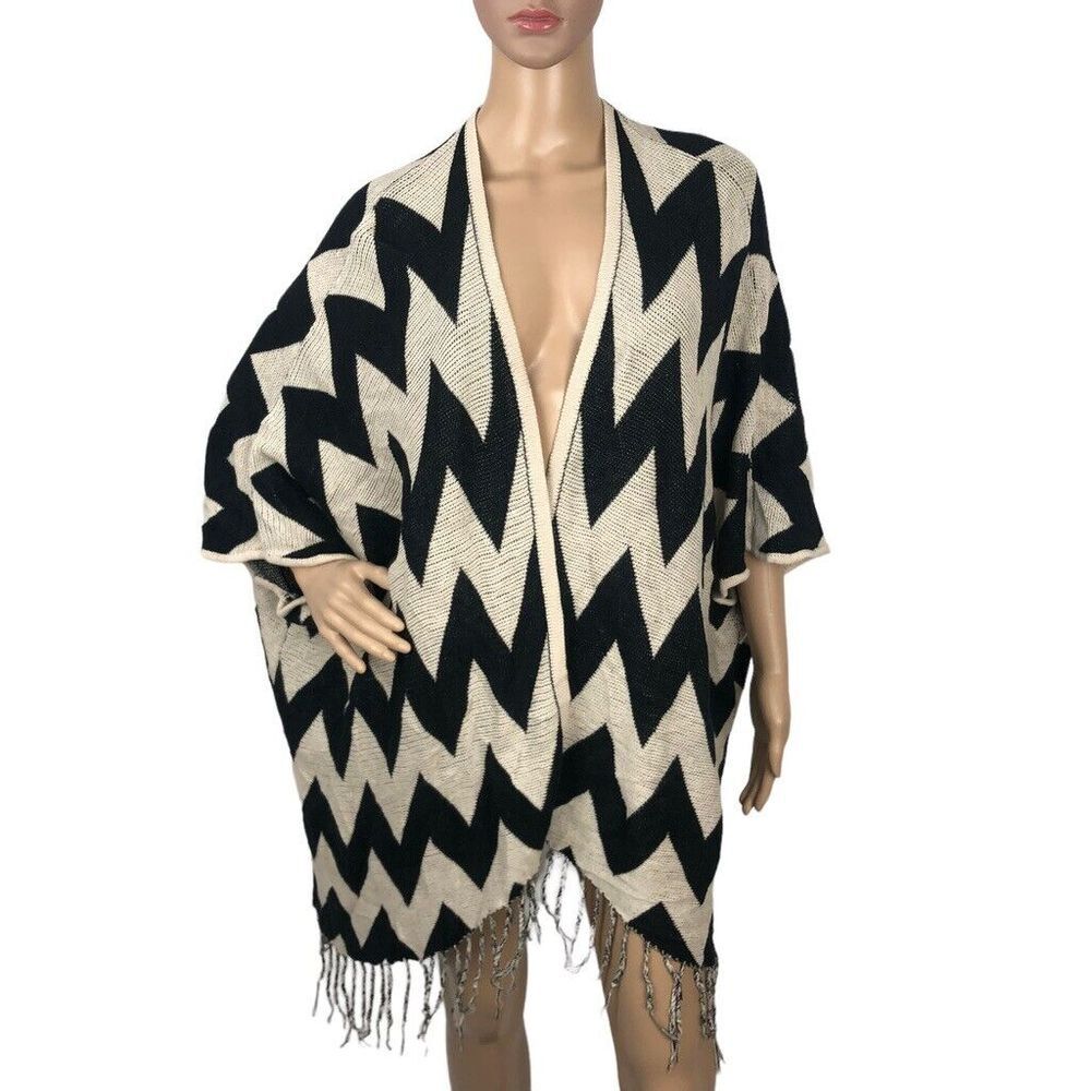 FATE Knit Fringe Oversized Cardigan Chevron Print Open Front Western Boho Size M